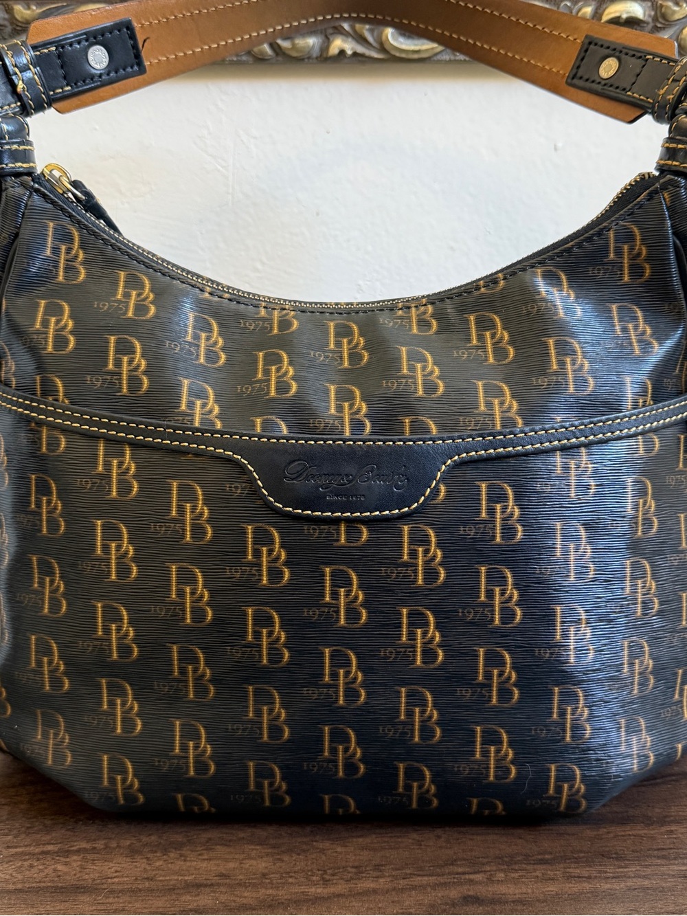 Dooney & Bourke Black Monogram Coated Canvas Hobo Bag Y2K Preppy Shoulder Purse